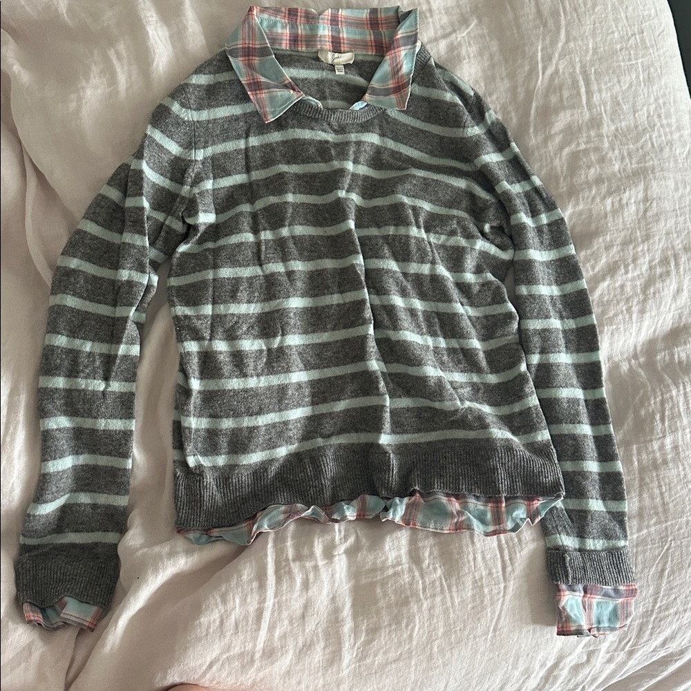 Joie Gray Sweater with Blue and Red Plaid Collar